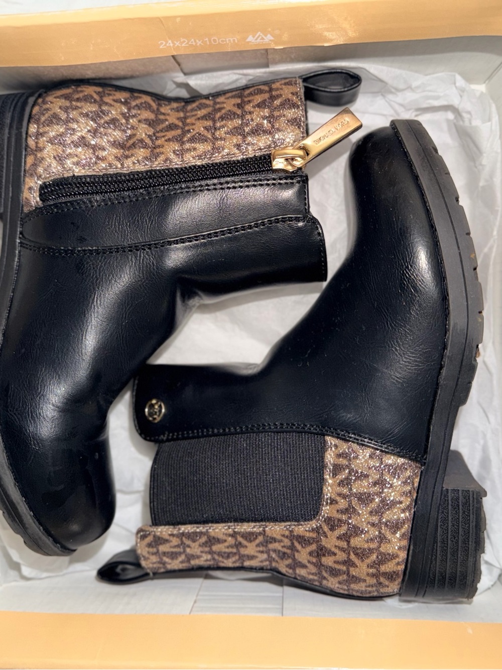 Michael Kors Black Leather Chelsea Boots with Brown MK Logo Panels